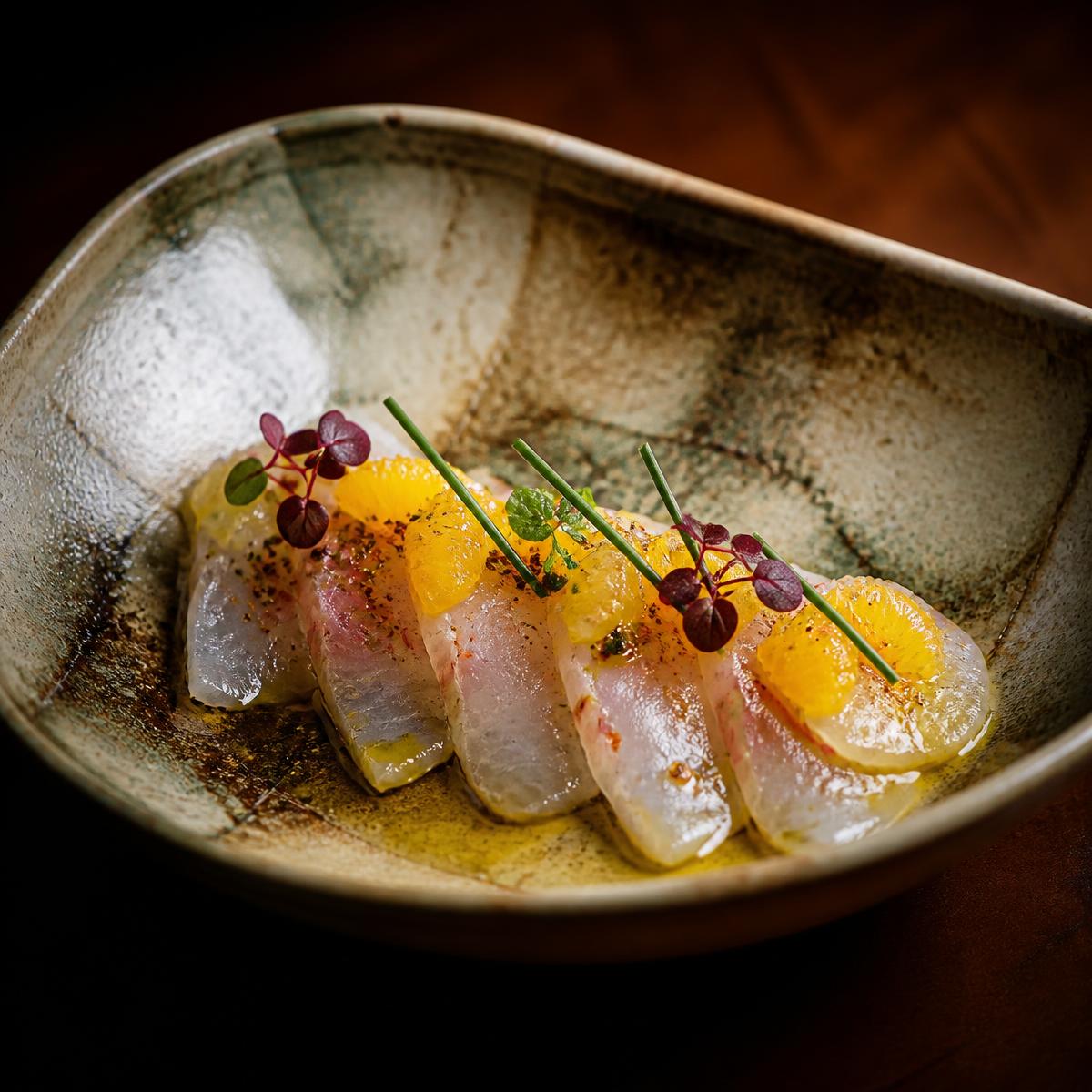 A Kiku dish plated on artisanal ceramic